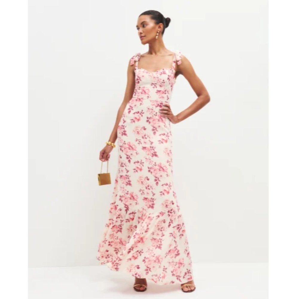 Reformation Jasen Dress in Missy White Pink Floral Maxi Tie Straps